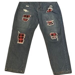 Stylish Blue Distressed Jeans with Red Plaid Accents